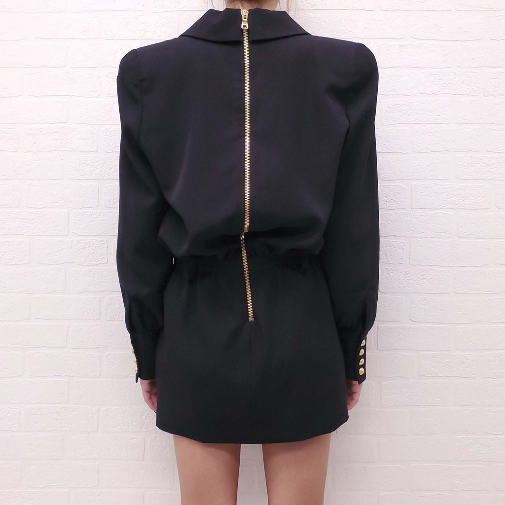 BALMAIN BLACK BLAZER DRESS WITH GOLD LOGO BUTTONS - SIZE 34