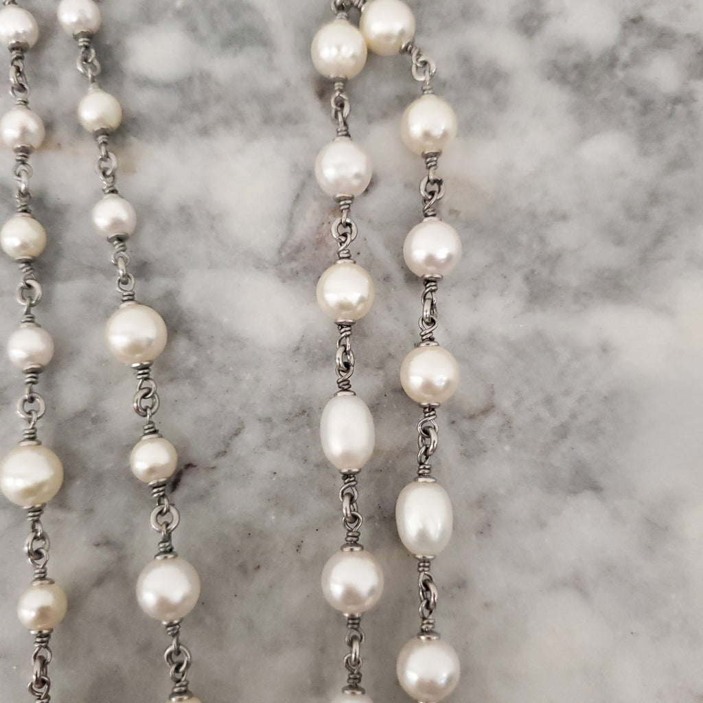 CHANEL PEARL AND SILVER CRYSTAL CHAIN LOGO NECKLACE