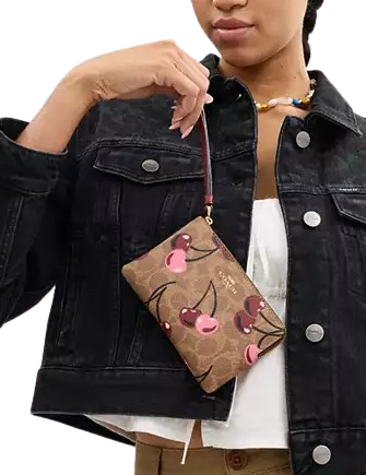 Coach Corner Zip Wristlet In Signature Canvas With Cherry Print