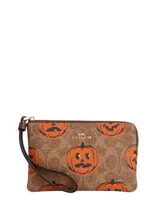 Coach Corner Zip Wristlet In Signature Canvas With Halloween Print