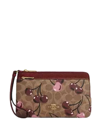 Coach Double Zip Wallet In Signature Canvas With Cherry Print