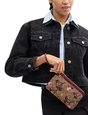 Coach Double Zip Wallet In Signature Canvas With Cherry Print