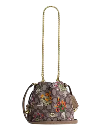 Coach Faye Mini Drawstring Bag In Signature Jacquard With Floral Embroidery