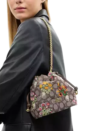 Coach Faye Mini Drawstring Bag In Signature Jacquard With Floral Embroidery
