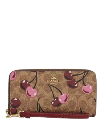 Coach Long Zip Around Wallet In Signature Canvas With Cherry Print