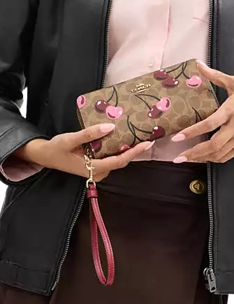 Coach Long Zip Around Wallet In Signature Canvas With Cherry Print