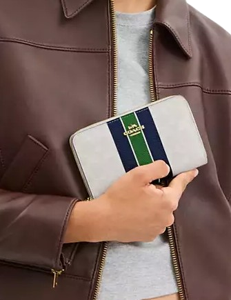 Coach Medium Id Zip Wallet In Signature Canvas With Varsity Stripe