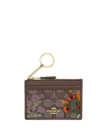 Coach Mini Skinny Id Case In Signature Jacquard With Floral Embroidery