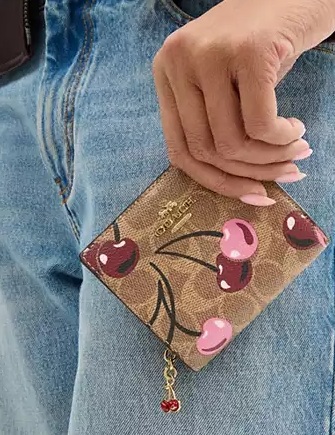 Coach Snap Wallet In Signature Canvas With Cherry Print