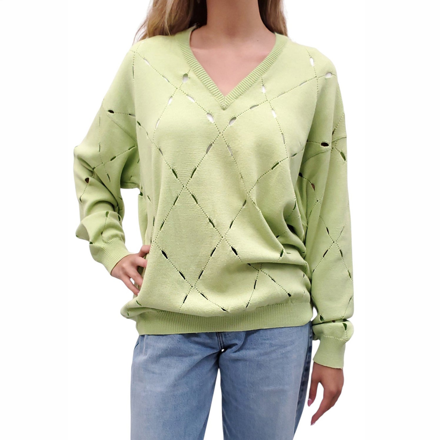 GIANNI VERSACE VINTAGE LIME GREEN CUT OUT SWEATER - SIZE L
