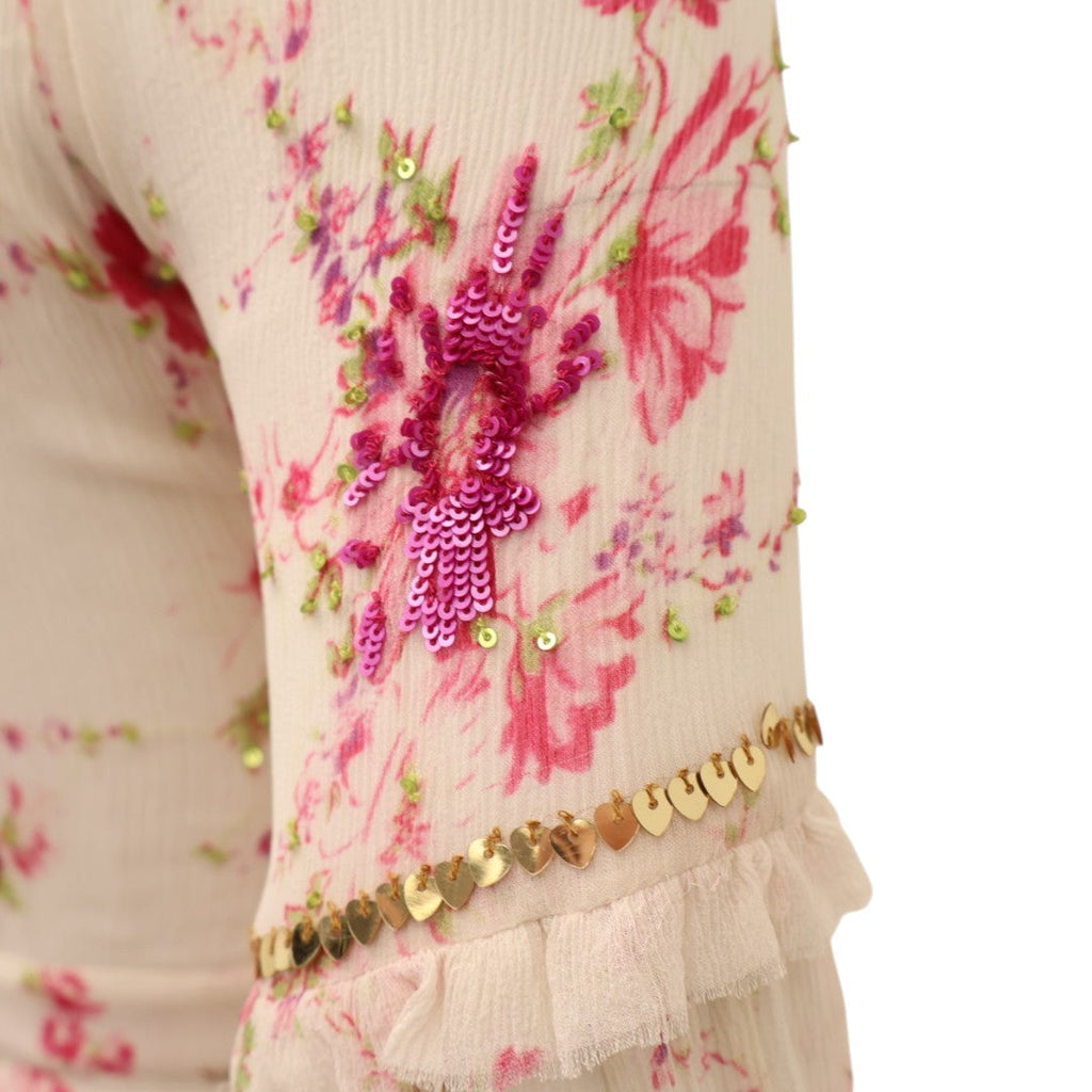 LOVESHACKFANCY WHITE FLORAL MAXI DRESS WITH RUFFLE AND SEQUIN DETAILS - SIZE 00