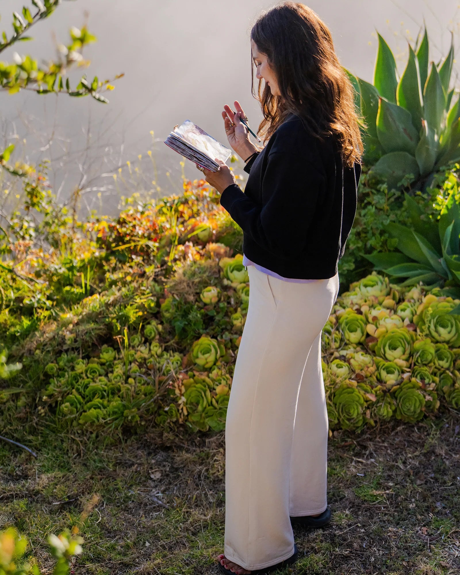 Women's Bamboo Lightweight Fleece Wide Leg Pant - Heather Black