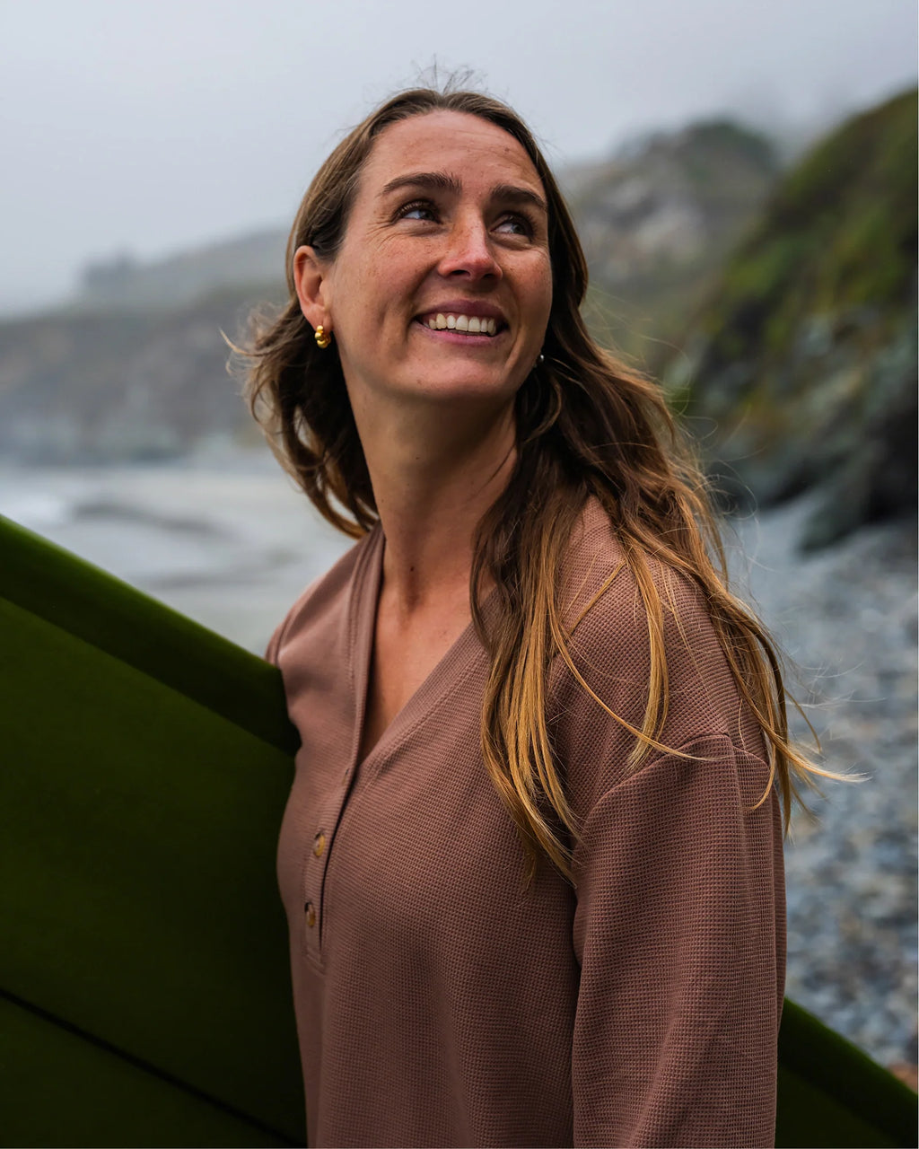 Women's Waffle Long Sleeve Henley - Sea Pine