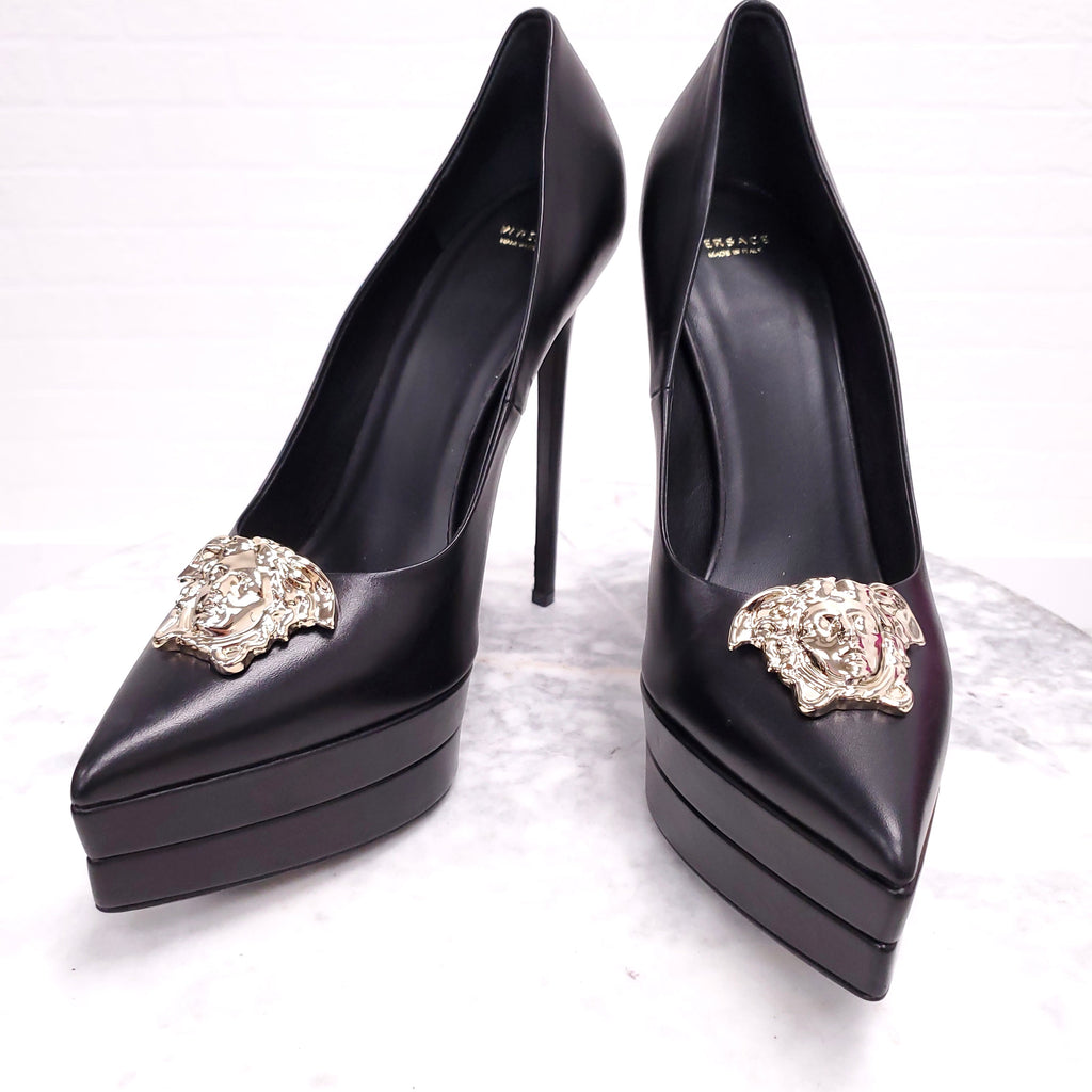 VERSACE LEATHER HEELS WITH GOLD MEDUSA - SIZE 40.5 ($1,400)