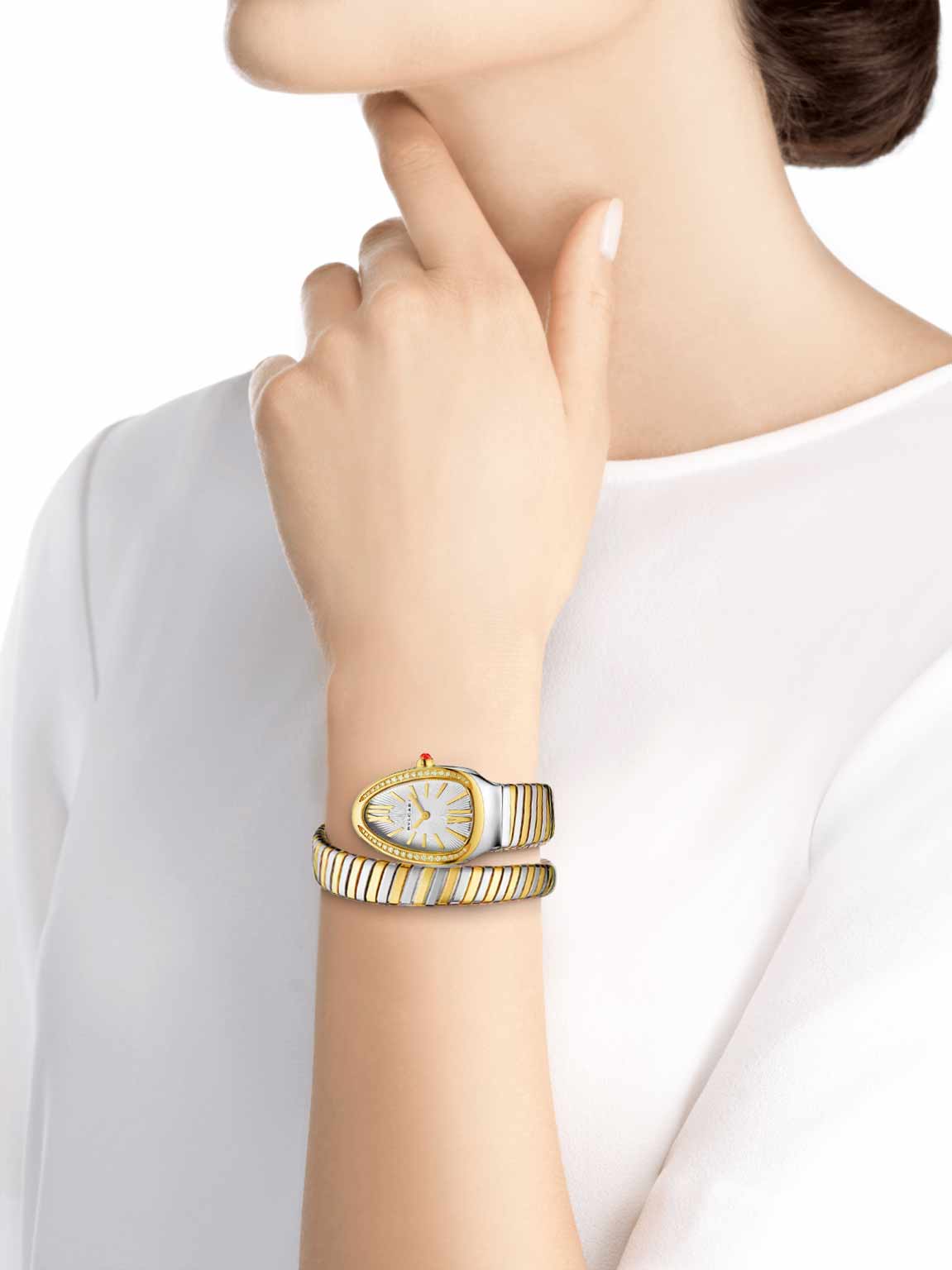 Bvlgari Serpenti Tubogas – Silver with White Dial, Diamond-Set